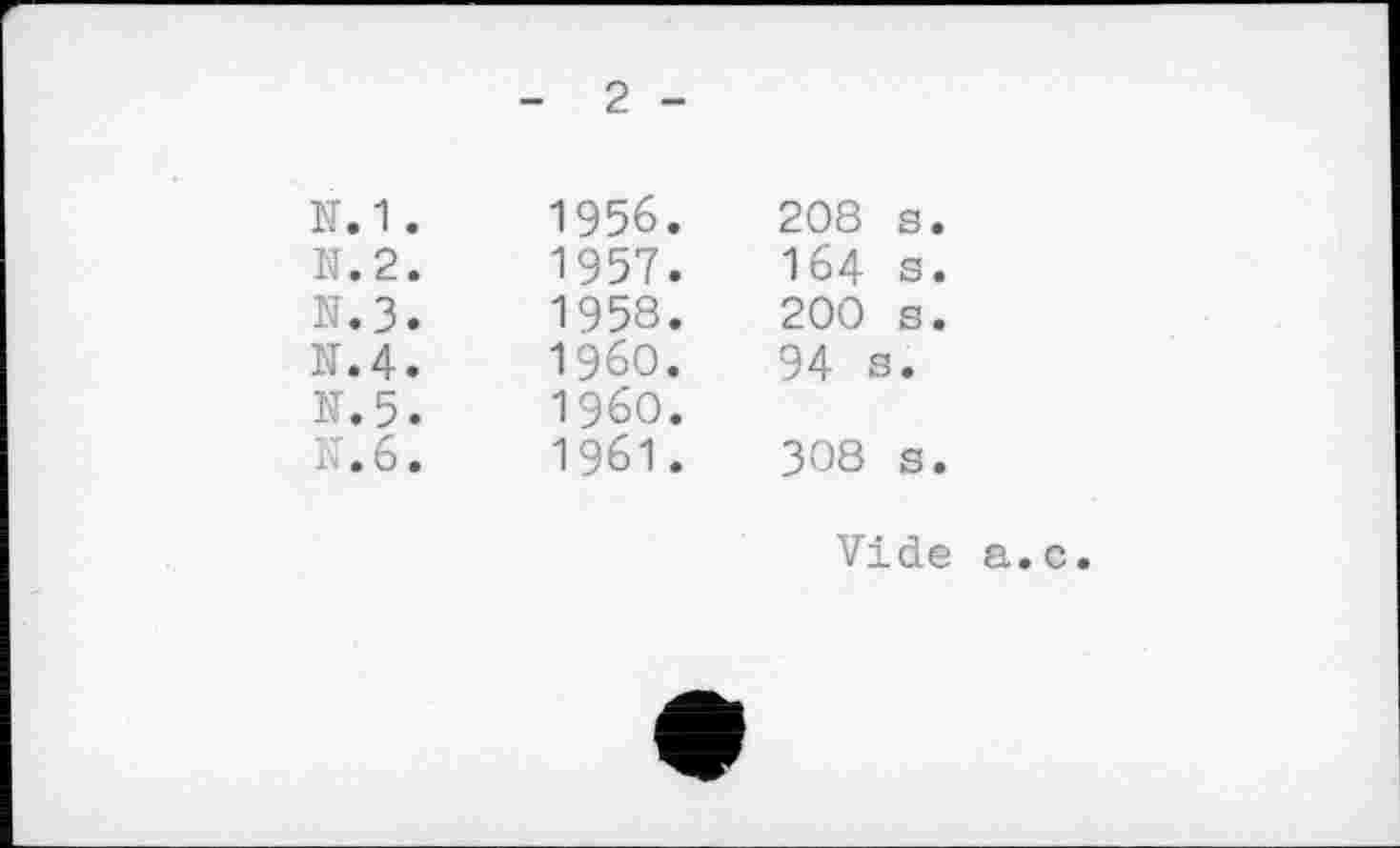 ﻿- 2 -
N.1.	1956.	208 s.
N. 2.	1957.	164 s.
N.3.	1958.	200 s.
N.4.	I960.	94 8.
N.5.	I960.	
N.6.	1961.	308 s.
Vide а.с.